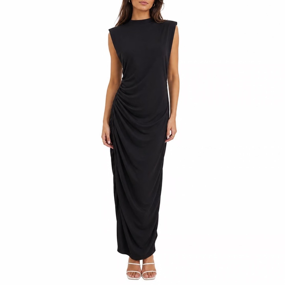 Stile Collection Crescent Black Ruched Side Midi Dress Large Sleeveless